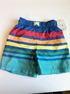 Swiggles Boys' Rainbow Stripe Swim Shorts - Blue, Red, Yellow, Green, Teal